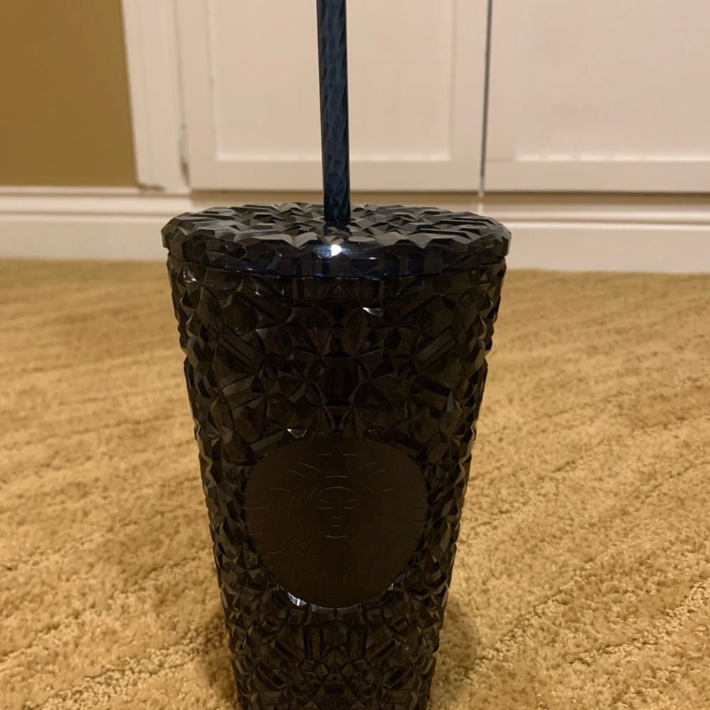 Starbucks Black Geometric Plastic Tumbler 16oz Grande Cold Cup w/ Lid & Straw